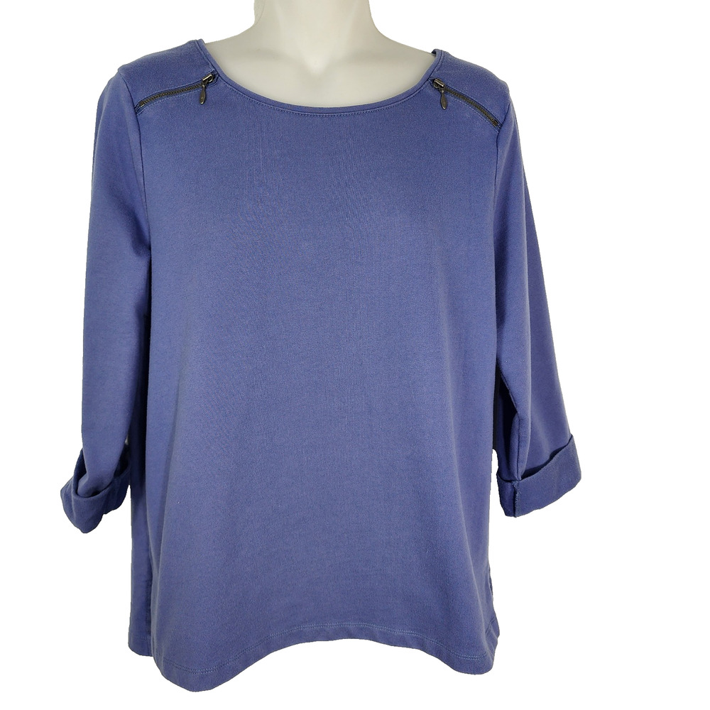 Chico's Tee Top Womens Size 1 Medium Blue 3/4 Cuffed Sleeve Shoulder Zip Detail